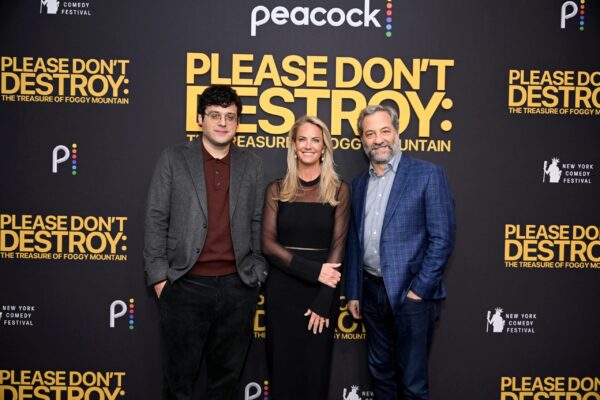 PLEASE DON’T DESTROY: THE TREASURE OF FOGGY MOUNTAIN -- “Please Don’t Destroy: The Treasure of Foggy Mountain Premiere” -- Pictured: (l-r) Paul Briganti, Kelly Campbell, Judd Apatow at the SVA Theater on November 6, 2023 -- (Photo by: Noam Galai/Peacock)